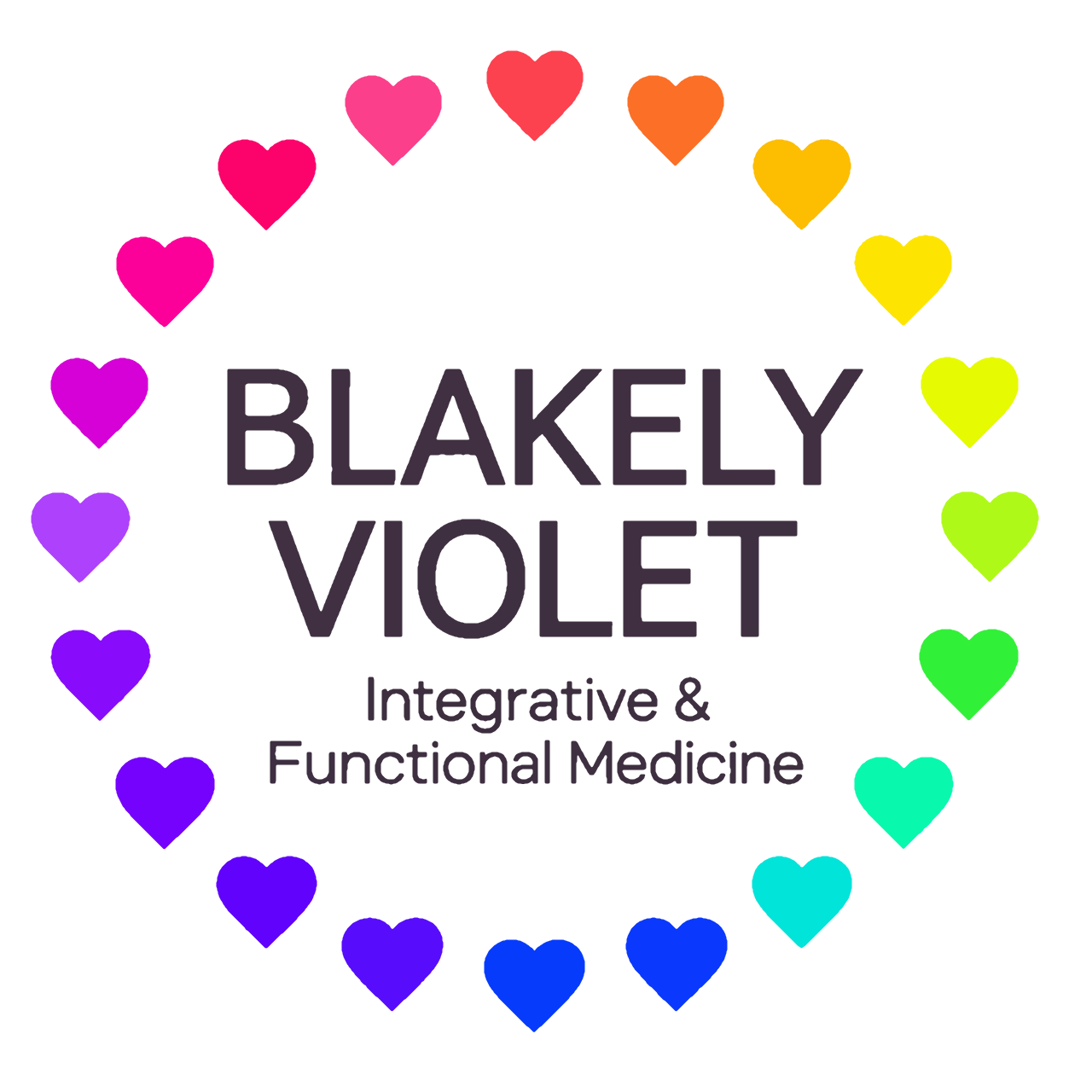Blakely Violet Integrative & Functional Medicine, encircled by rainbow hearts